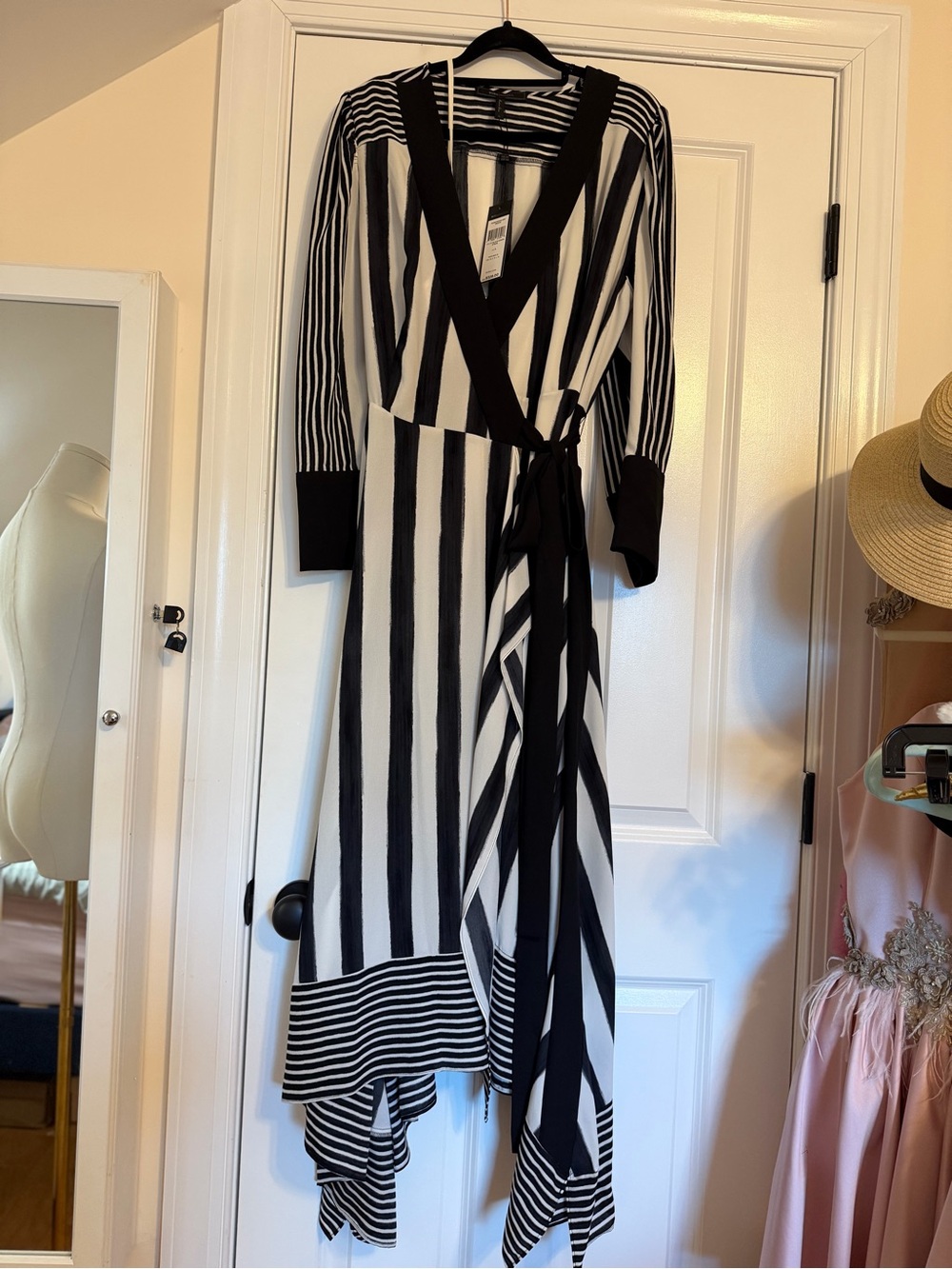 BCBGMaxAzria Black and White Striped Asymmetrical Wrap Dress